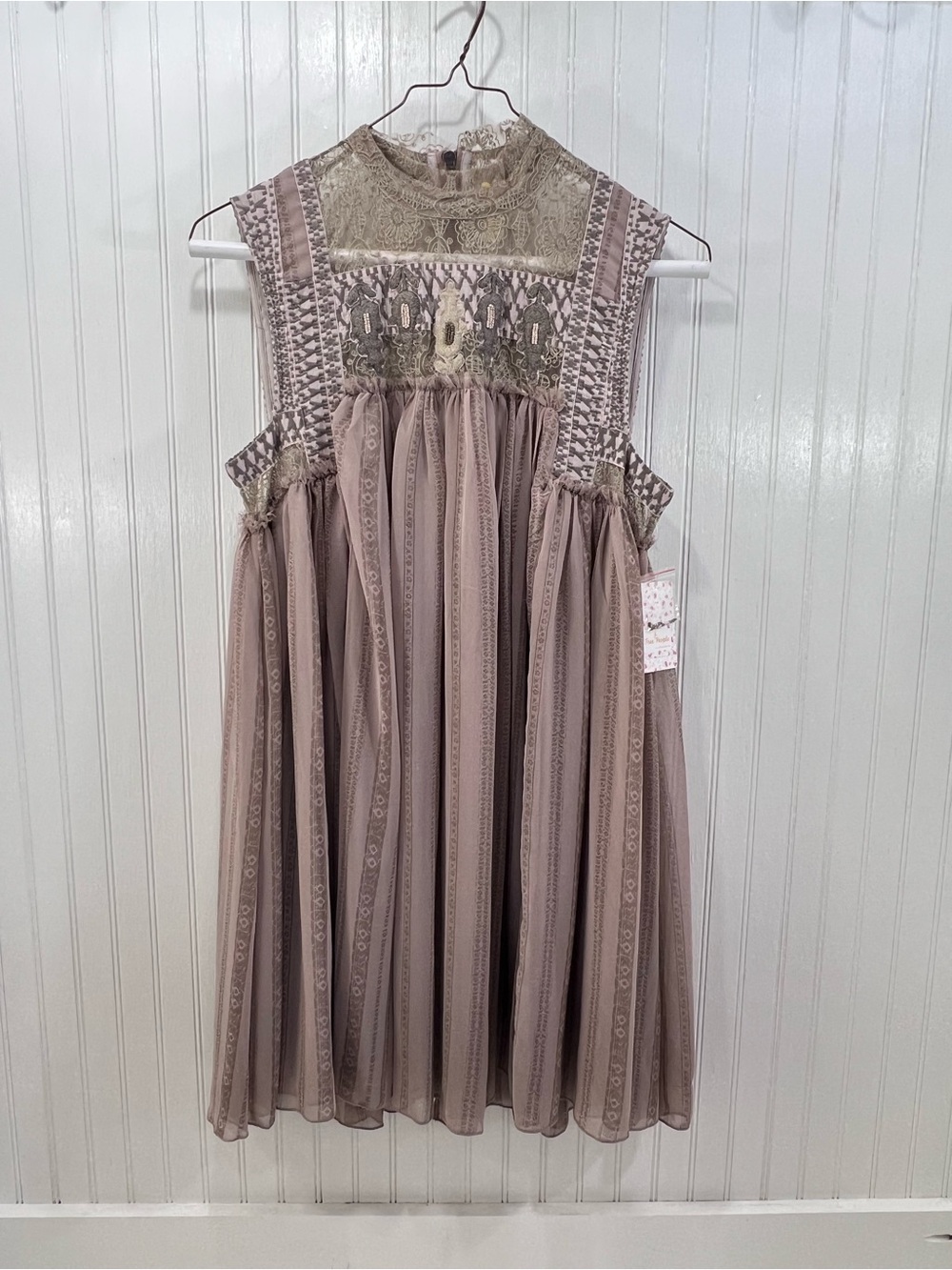 NWT Free People Penny Georgette Babylon Dress Stone Combo Boho Mini L